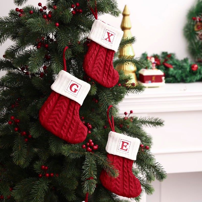 OJCHRLKF 8 Inches Mini Initial Monogram Embroidered Christmas Stocking Knitted Christmas Decorations Stocking Red,White,Green Knit Cute Christmas Stocking-Red-Q-60 - Image 3